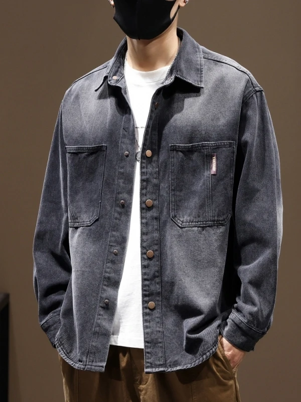 American Retro Men's Denim Shirt Loose Workwear Jacket Spring Autumn Trendy Brand Casual Outerwear Long Sleeve Button up