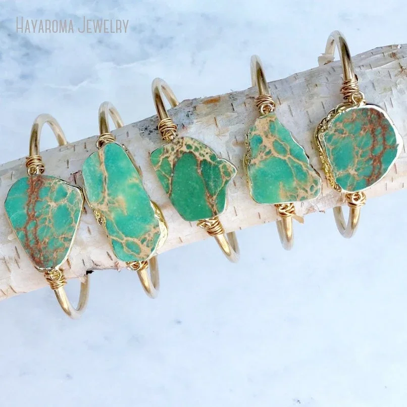 

10Pcs Parrot Green Ocean Jasper Cuff Bracelet Gold Color Stainless Steel Cuff Bridesmaid Gift Boho Gemstone Jewelry Women