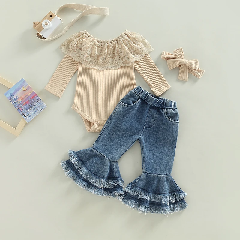 Kids Girls Pants Suit, Long Sleeve Round Neck Lace Romper Tops + Casual Denim Bell-Bottoms + Headband