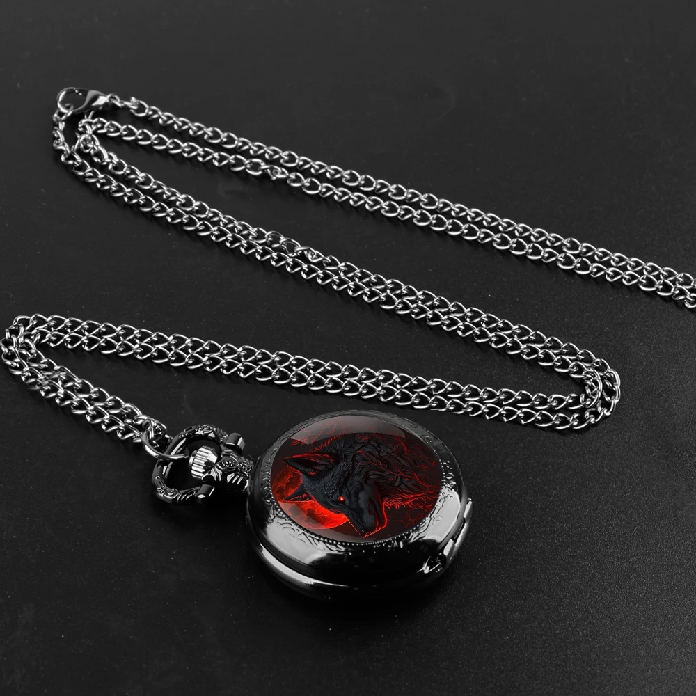 Dark Wolf Design Glass Dome Fashion Arabic Numerals Quartz Pocket Watch Necklace Pendant Chain Mens Women Gifts