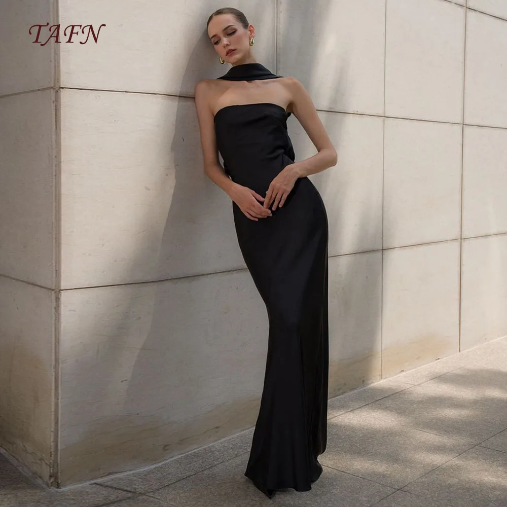 

TAFN Black Evening Dresses Strapless Sheath robes de soirée Floor-Length Backless Sleeveless Simple Prom Gown Solid Color