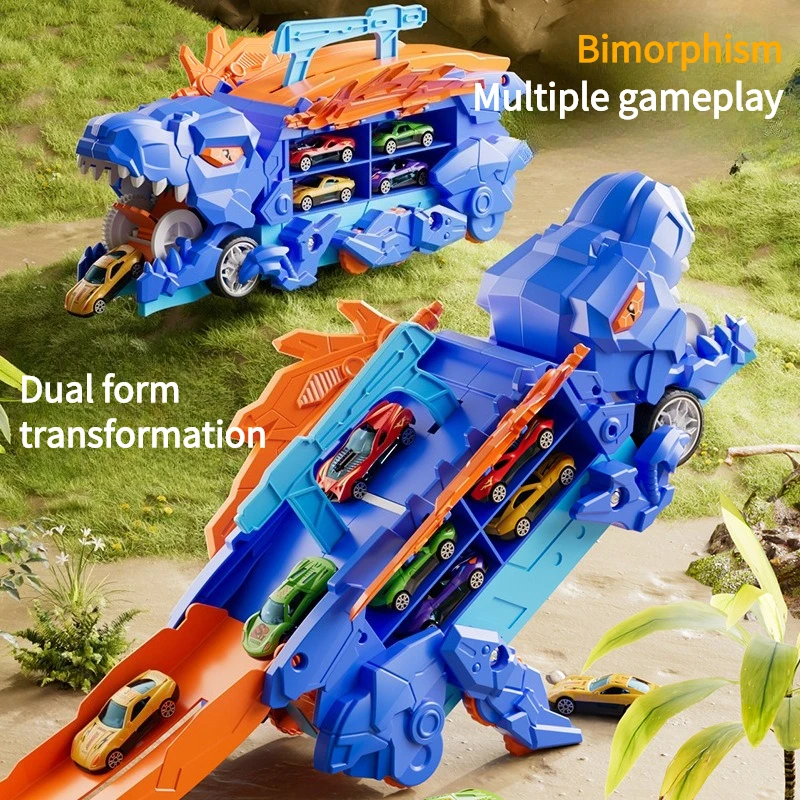 Transport Dinosaur Truck with Foldable Sliding Race Track Transforms Into Standing T-rex Best Birthday Gifts Toys Boys Girls