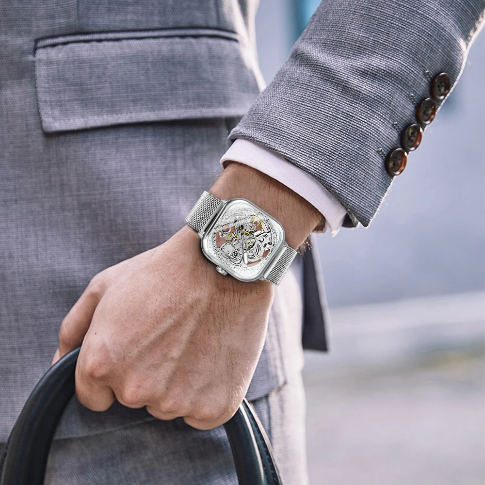 Forsining Square Skeleton Automatic Watch for Men Luminous Hands Engraved Movement Luxury Mechanical Watches Mesh Steel Strap