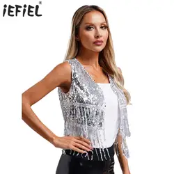Womens Shiny Sequin Cowgirl Vest Top Open Front Sequined Tassel Cardigan Waistcoat Vintage 70s Disco Party Costume Clubwear