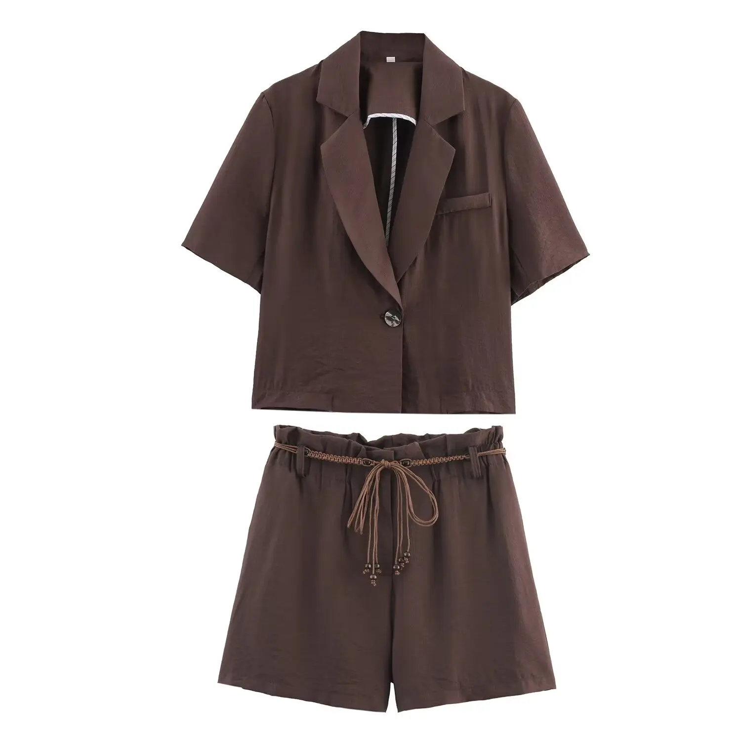Women Vintage Casual Women 2-Piece Set Single Button Short Sleeve Notched Blazer & Beading Drawstring Shorts Set 8073149
