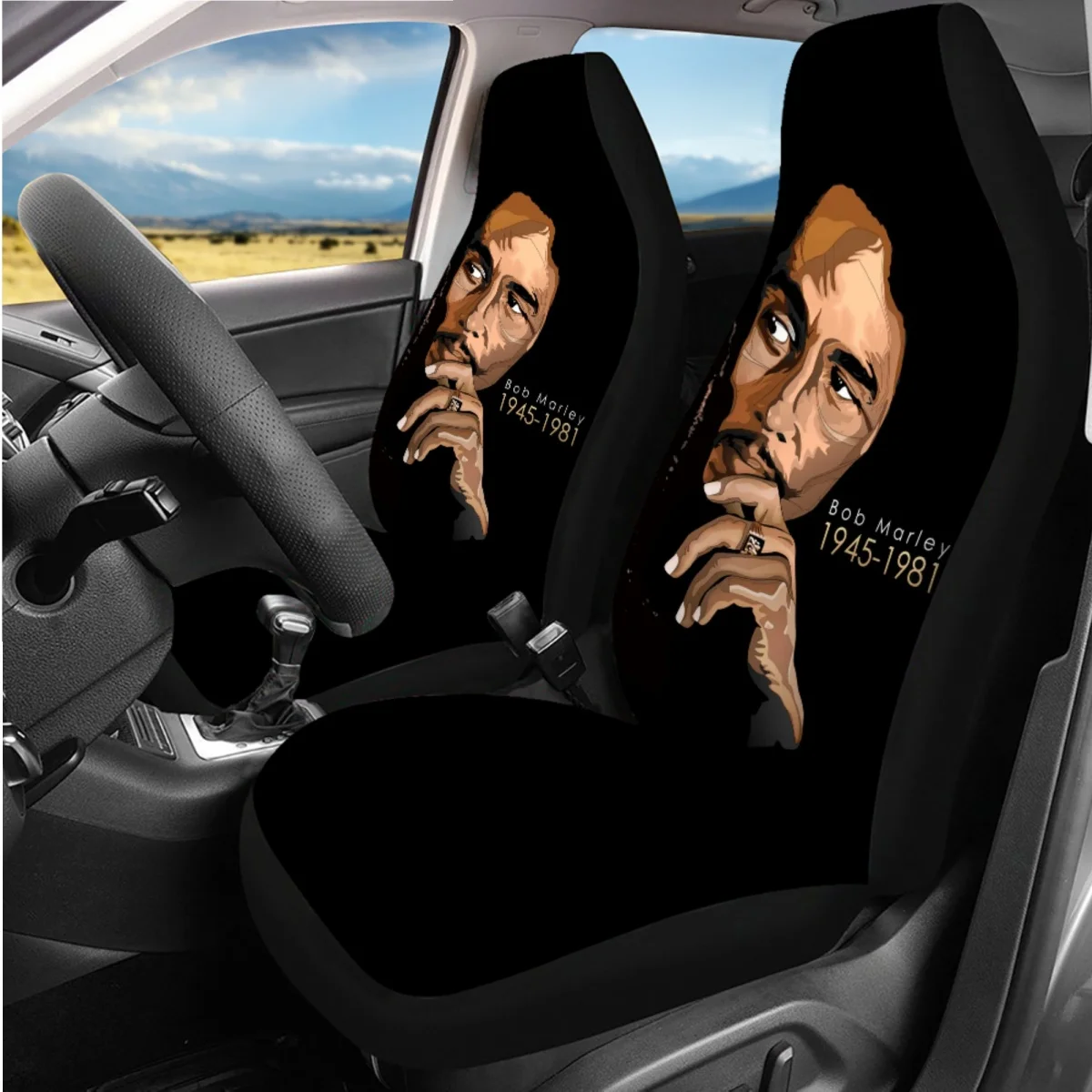 Bob Marly Print Front and Back Car Interior Seat Cover Heavy-Duty Nonslip Shoulder Strap Pads Steering Wheel Covers 7 Pieces