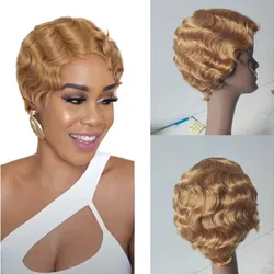 Sapphire 99J Finger Wave Short Bob Human Hair Wigs Ocean Wave Machine Made Pixie Cut Wigs For Black Women 27# Yellow Natural