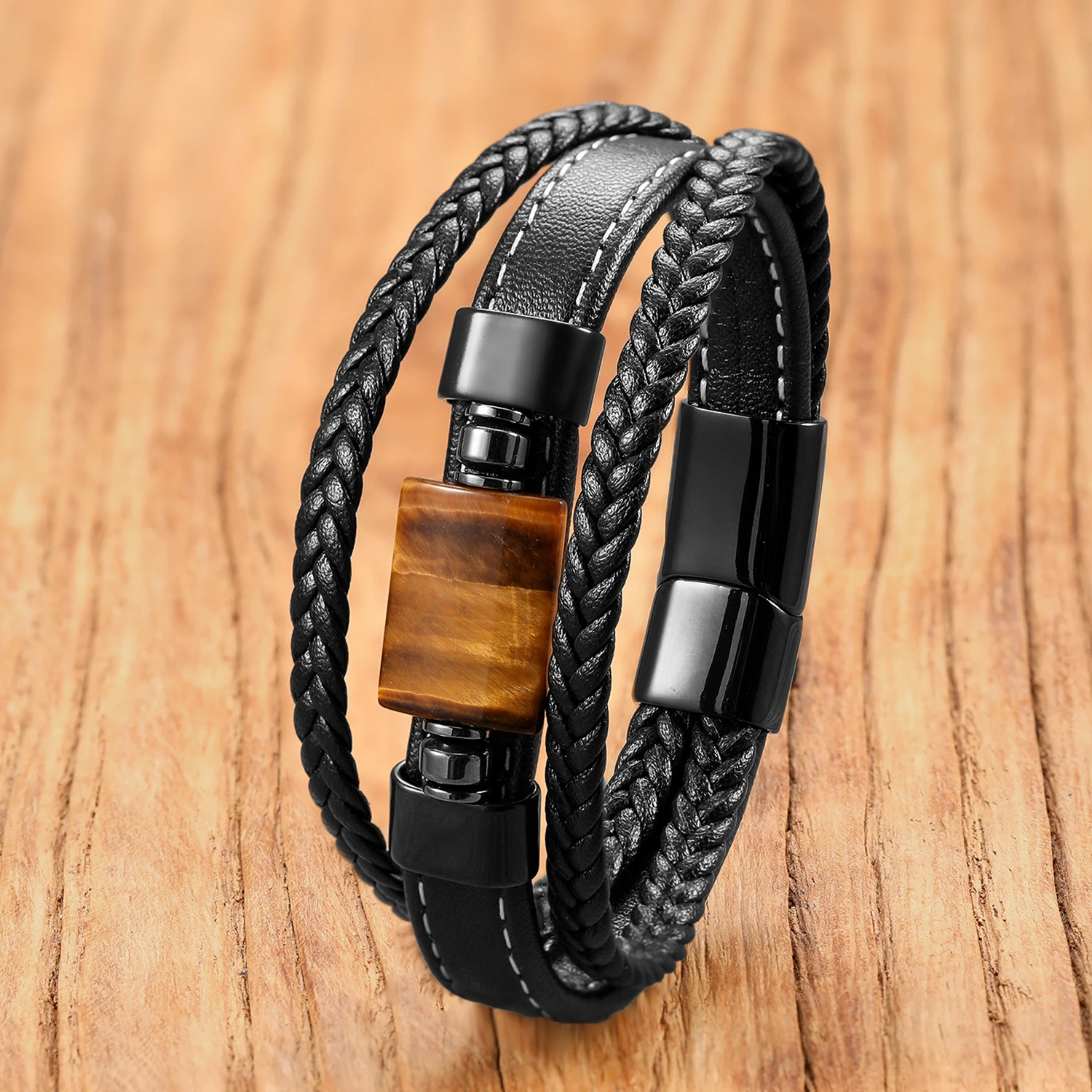 Natural Tiger Eye Stone Multi-Layer Leather Wrap Bracelet Stainless Steel Clasp Unisex Boho Energy Gift for Men Women