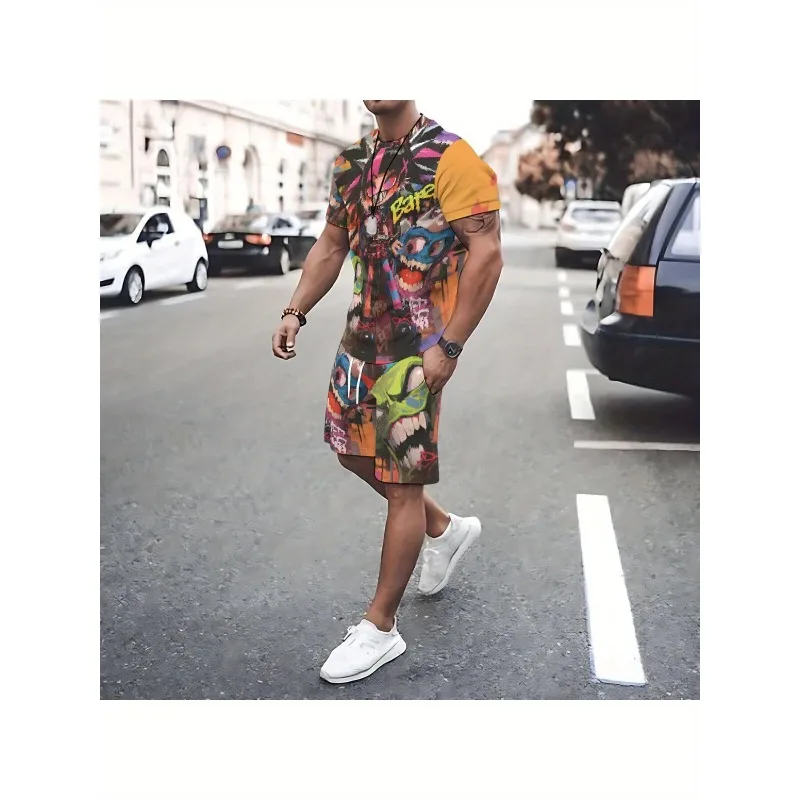 2025 Fashion and Comfortable 3D Short Sleeve Fun Printed Polyester Round Neck T-shirt Shorts Street Leisure Activity Sports Set