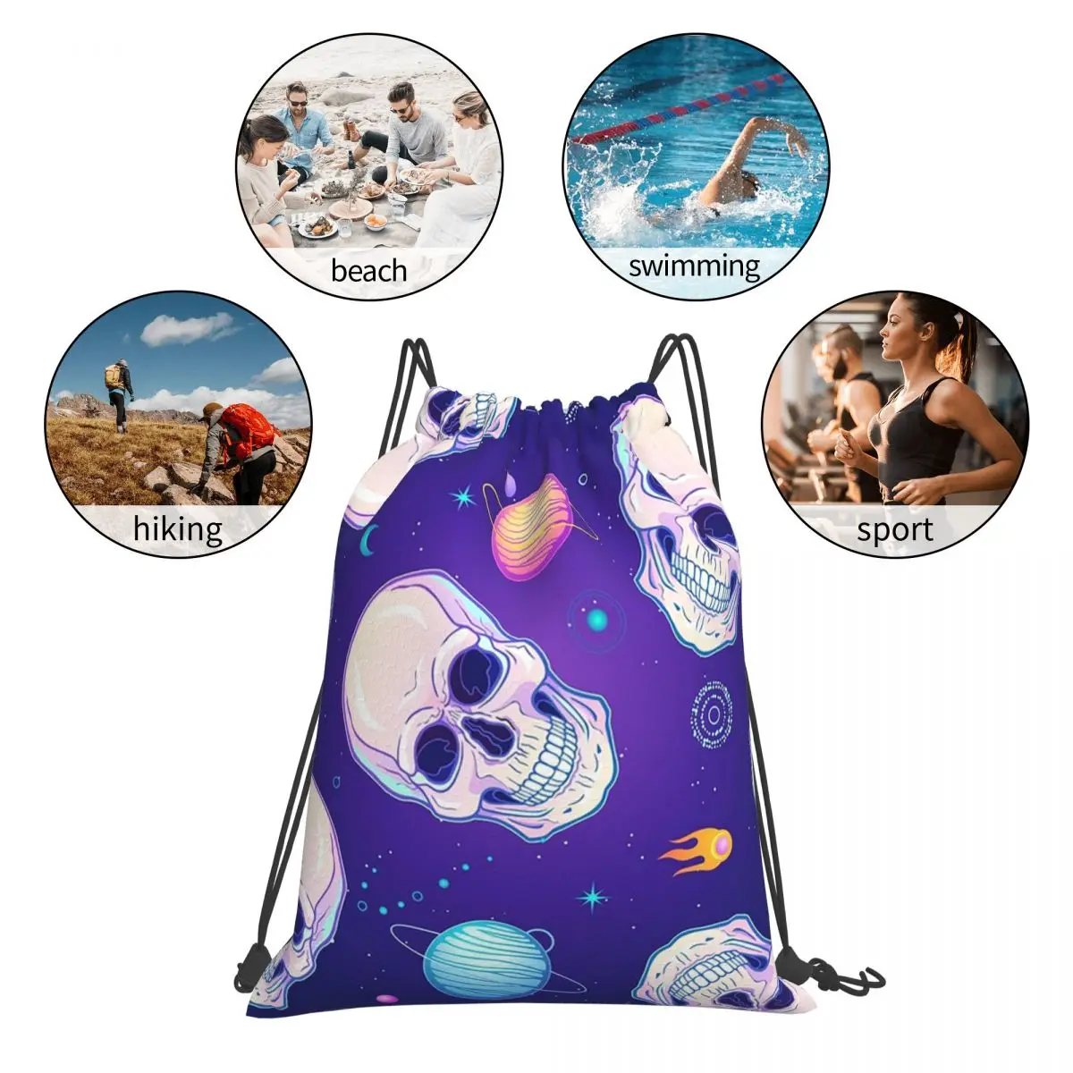 Seamless Cartoon Iridescent Skulls Planets Cosmic Symbols Backpacks Drawstring Bags Sports Bag Book Bags For Man Woman School