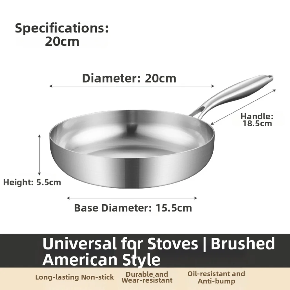 Flat Bottom Frying Pan Made of 304 Stainless Steel Suitable for For pancakes Steaks Easy to Maintain Kitchen Tool