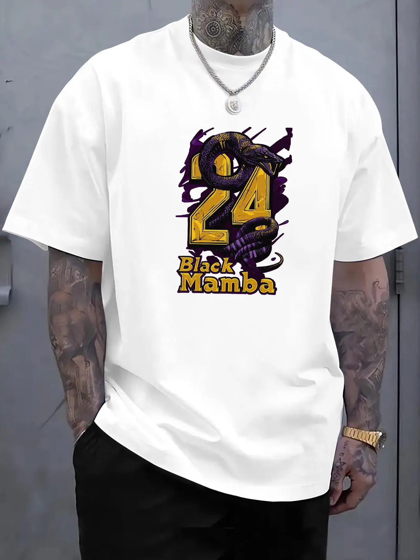 Mamba 24 Tribute Emblem Print Men's T-shirt, Round-neck, Sporty and Casual Short-sleeve, Fashionable and Versatile, Suitable for Summer Vacations, Travel, and Daily Outings