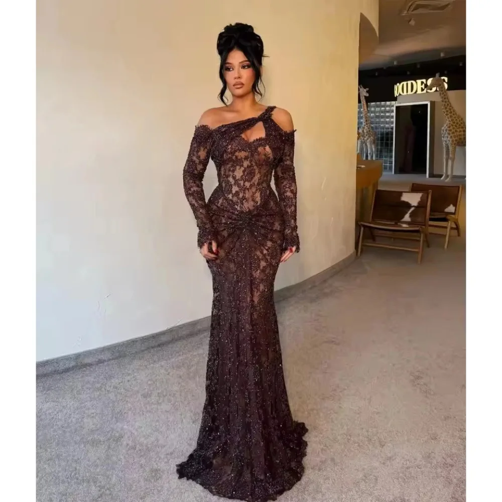 Glamorous Black Women Evening Dresses Lace Long Sleeves Prom Gowns Arabic Floor Length Customized Dubai Wedding Guest Gowns