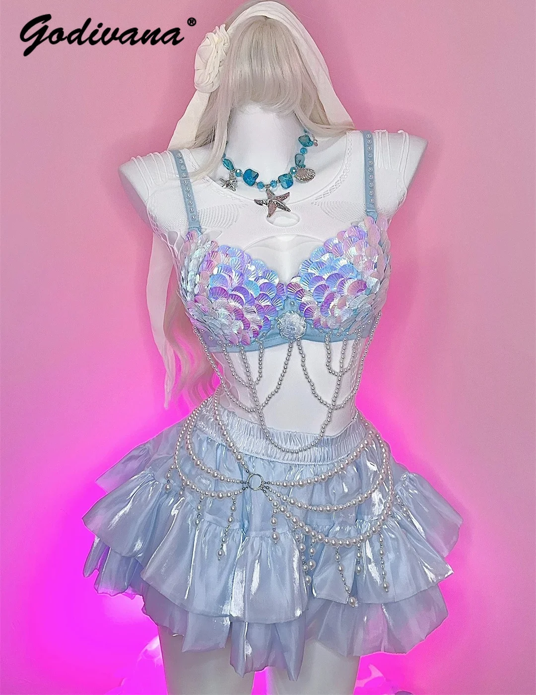 Dreamy Mermaid Y2k Subculture Pearl Bralette Pink and Purple Fantasy Mermaid Scale Bra and Pearlescent Tutu Skirt Women's Set