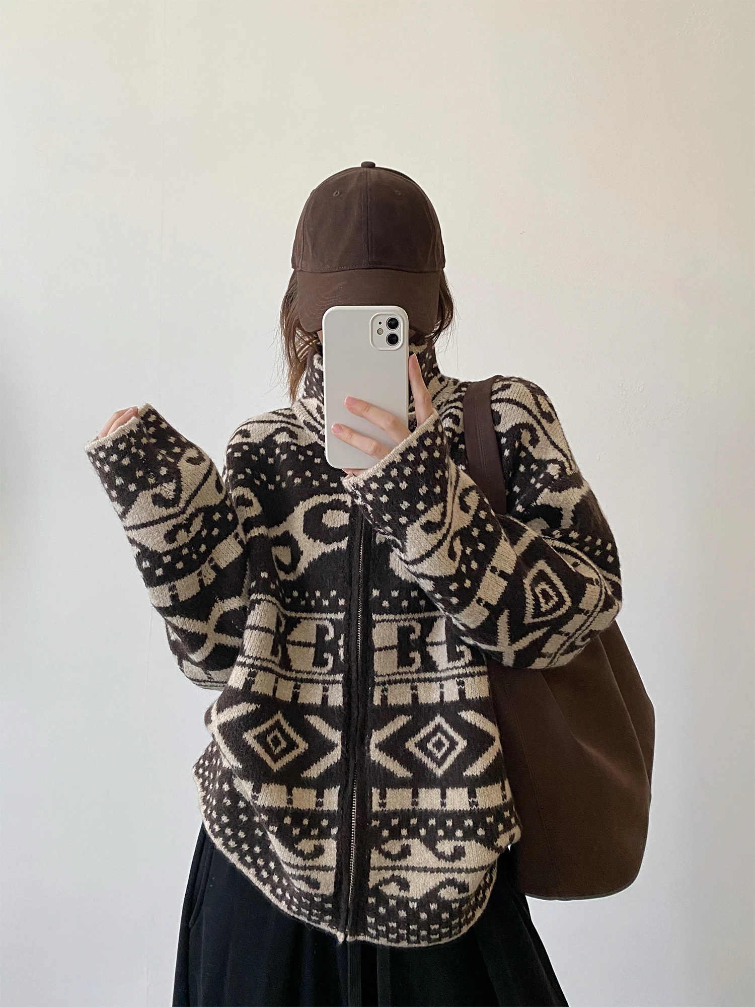 

SunYeo Fair Isle на молнии, повседневная женская куртка с воротником-стойкой, винтажное свободное пальто, осенне-зимнее теплое длинное пальто све