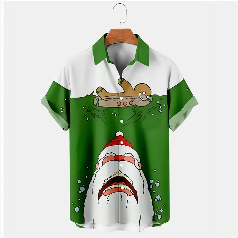 Camicia natalizia casual con stampa 3D di Babbo Natale e omino di pan di zenzero Cardigan con risvolto da uomo Camicia da uomo di Capodanno allentata casual di alta moda