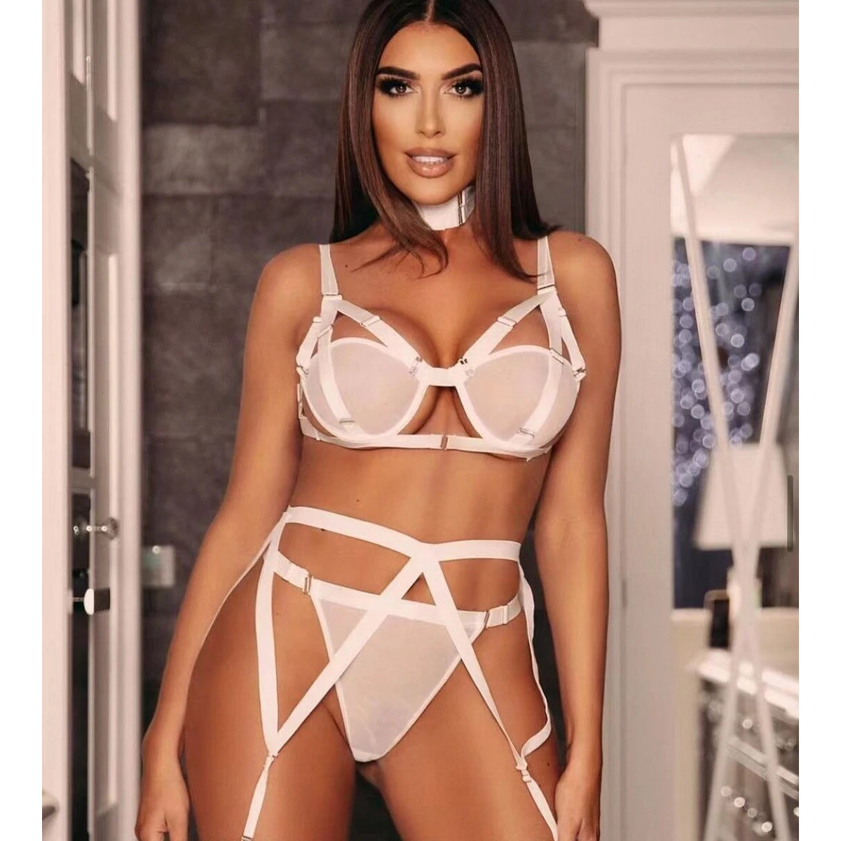 Uitgehold transparant kanten ondergoed voor meisjes met jarretels en nekband 3-delige set Verleidelijke erotische milieuvriendelijke verpakking