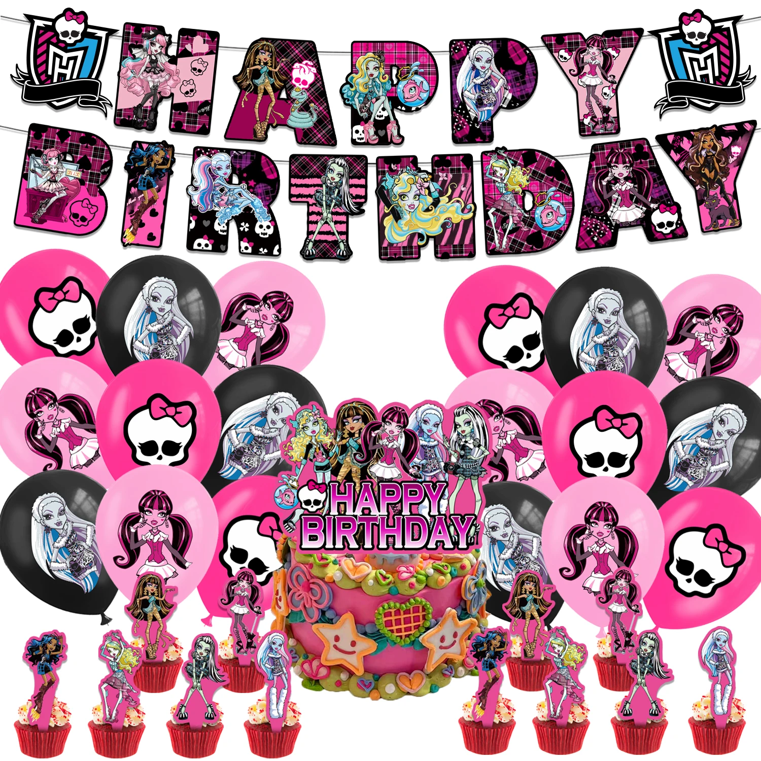 

Monster High Cartoon Birthday Party Decoration Latex Balloon Banner Cake Topper Kids Cute Supplies Theme For Baby Shower Gift