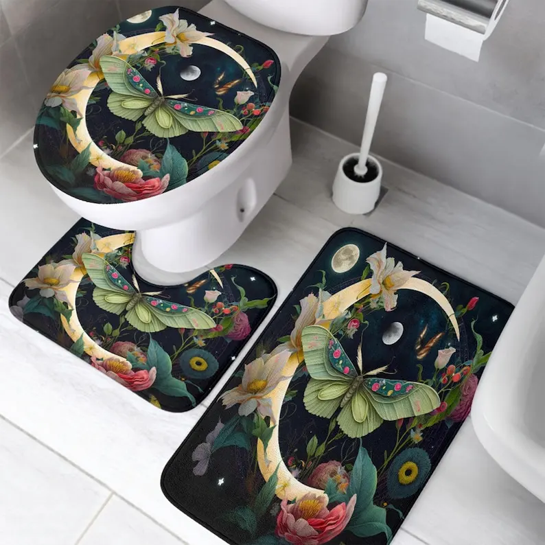 

Набор ковриков для ванной Moon's Embrace из 3 предметов, нескользящий коврик из пены с принтом небесной флоры и U-образной крышкой для унитаза для космического декора