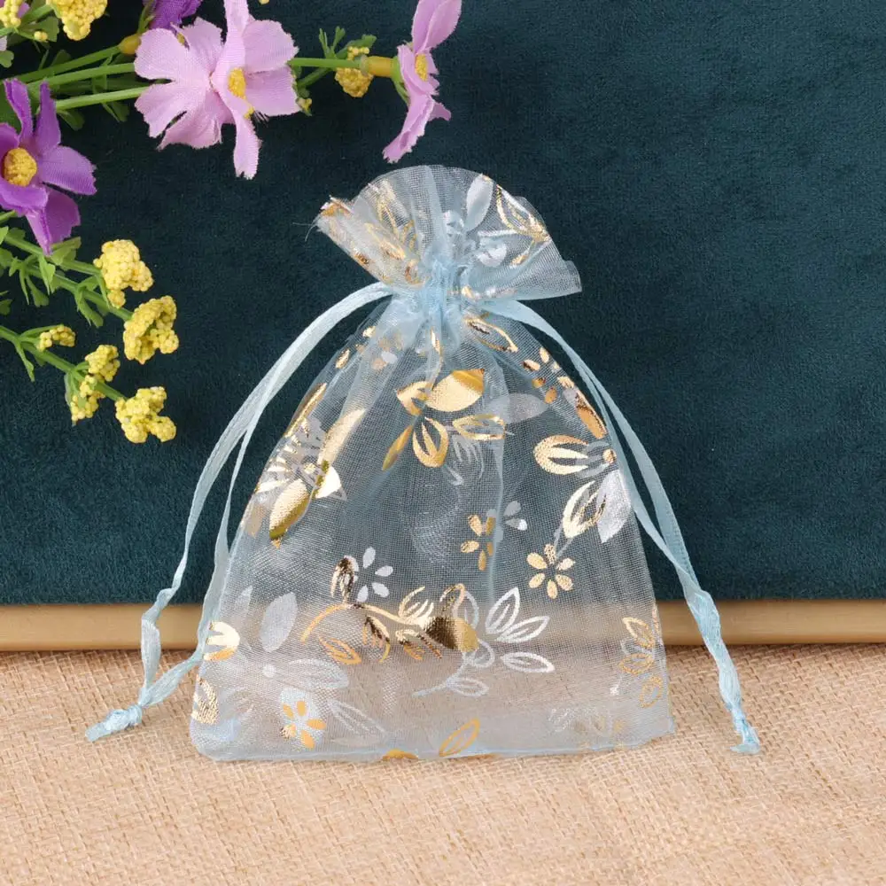 50 teile/los 9x12cm goldfolie bauhinia organza tasche für schmuck verpackung