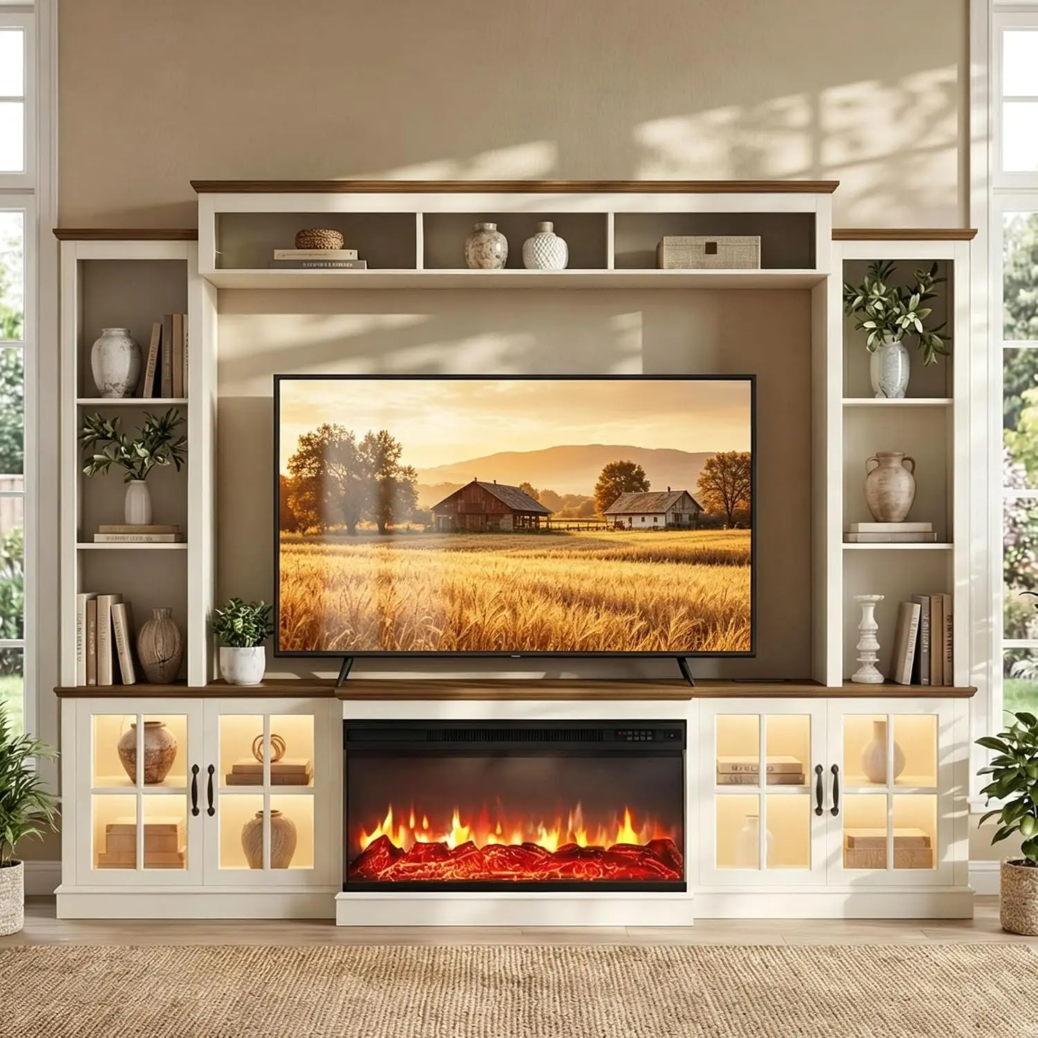 98" Farmhouse Fireplace TV Stand Entertainment Center