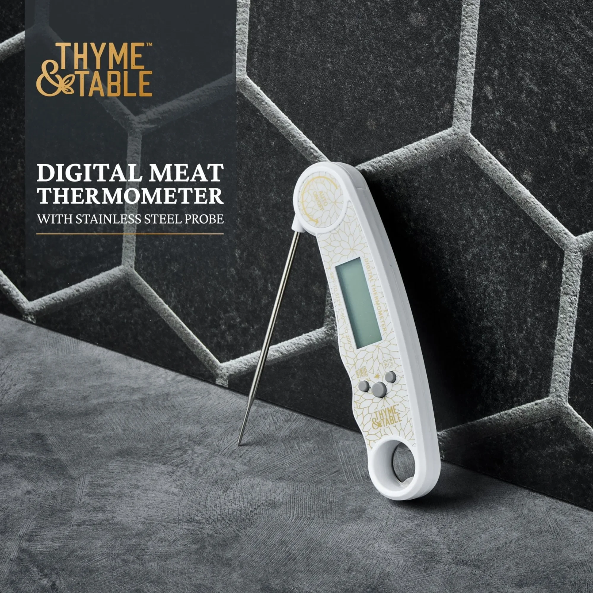 ميزان حرارة اللحوم الرقمي القابل للطي مع مسبار من الفولاذ المقاوم للصدأ، مقاوم للماء