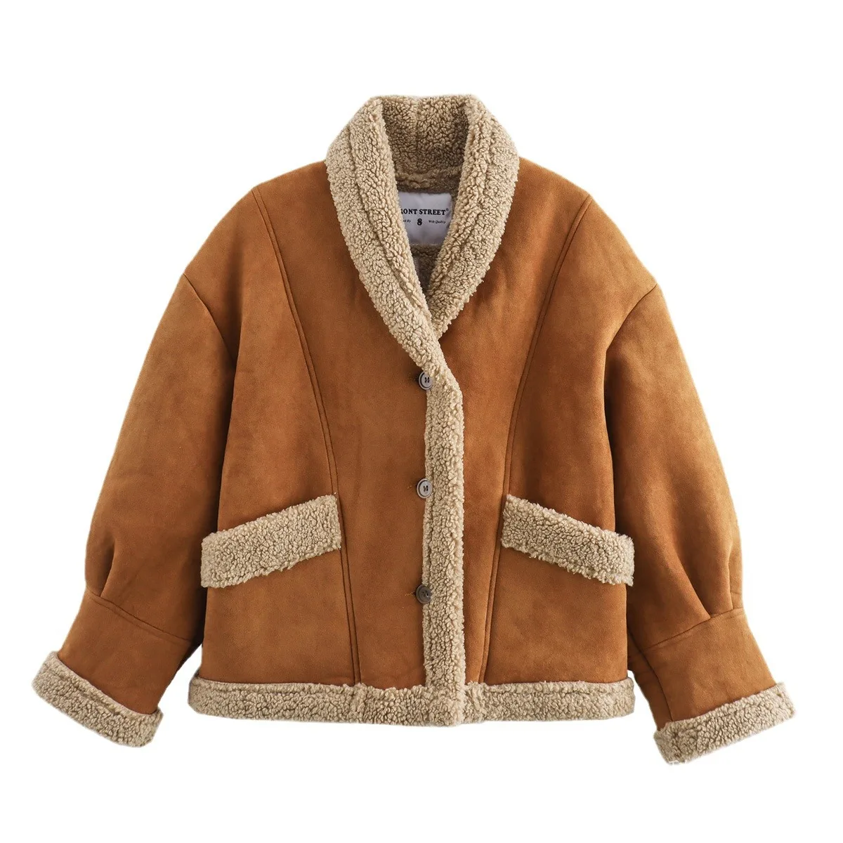 

2025 Winter Women's Button Retro Flip Fur Large Pocket Short Warm Jacket