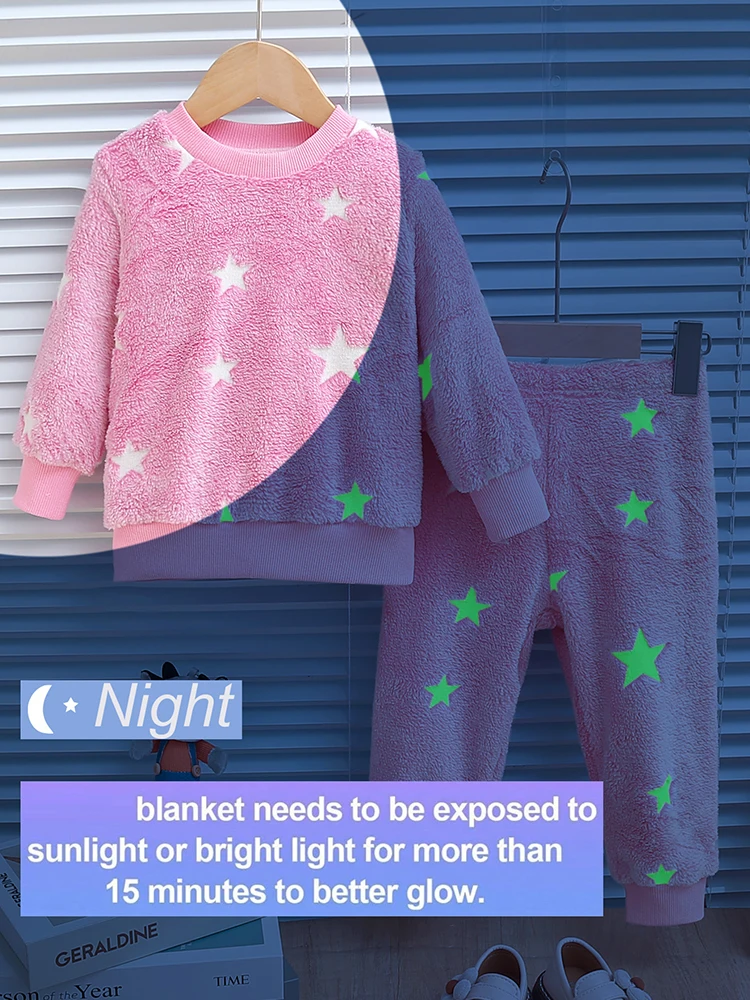 2pcs baby girl autumn and winter night glow star pattern plush thick long sleeved top and pants Chid Accessories