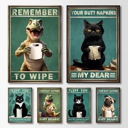 Funny Animals Wall Art Poster Prints Dinosaur Cats and Dogs Retro Style Canvas Painting Picture for Bathroom Room Home Decor