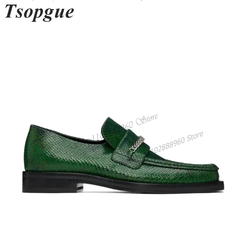 Green Snake Skin Leather Chain Decor Shoes For Men Men's Pumps High Quality Business Casual Party Shoes 2023 Zapatillas Mujer