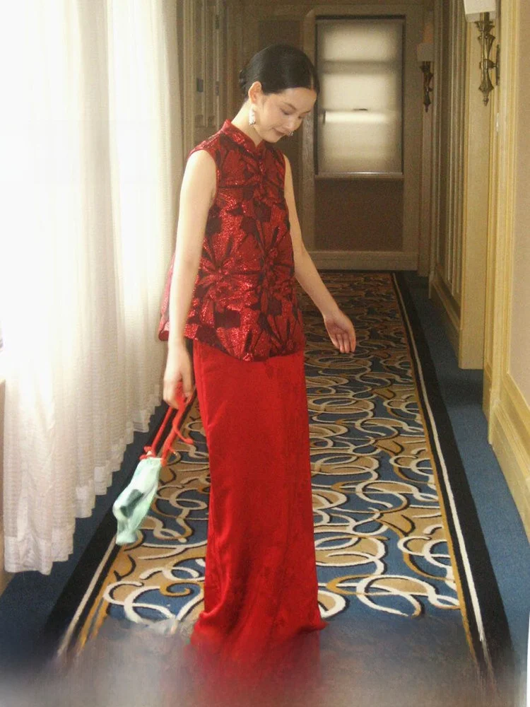 

Red Wedding Dress Suit Luxury Vintage Style Engagement Ceremony Drinking Costume Set New Bride Elegant Lightweight