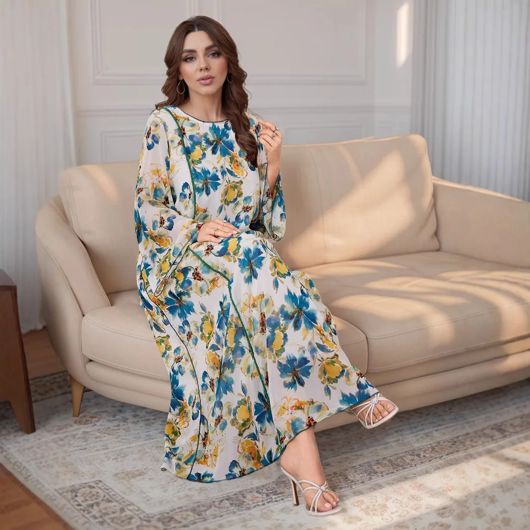 

Ид женское платье с принтом мусульманская Абая с бисером Vestidos Largos кафтан арабский халат с длинным рукавом Джалабия Рамадан элегантные платья 2026