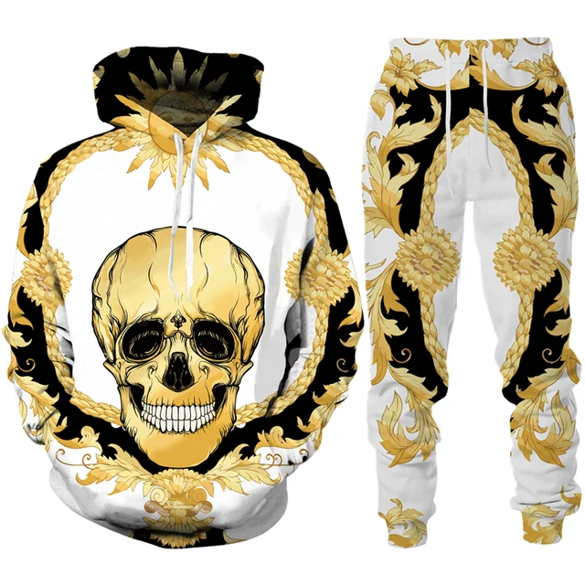 Men\'s Hoodie Pants Suit Leopard Golden Pattern Sportswear Set 3D Print Women Fashion Tracksuit Jogging Clothes For Men Clothing