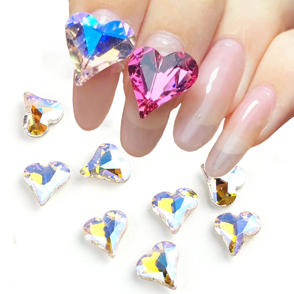 10Pcs Aurora Heart Nail Charms Flat Back Rhinestones Iridescent Crystal Stone Clear Jewely DIY Nails Manicure Decorations LEBBAI