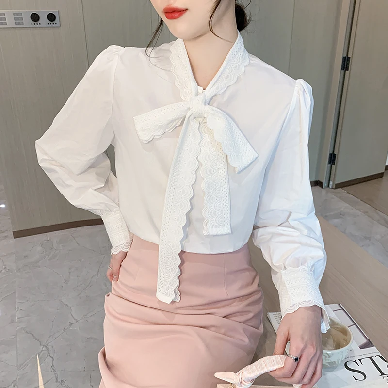 Korean Style Ladies Fashion Lace-up Bow Long Sleeve Shirts Women Spring Summer Casual White Blouses Woman Elegant Blouse Tops