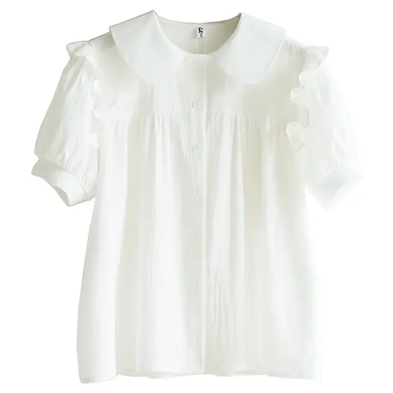 Girls' 2026 Summer Shirt Big Kids Doll Collar Pure Cotton Short Sleeve Blouse Solid Color Casual Top for School Daily Wear​ 6