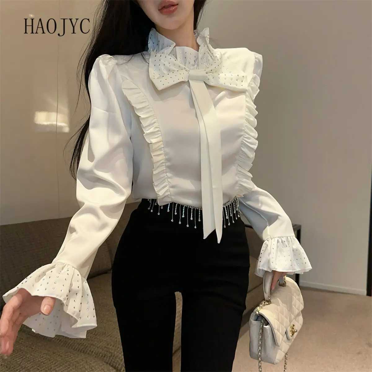 hot diamond satin shirt women's early spring bow semi-turtleneck top ruffle edge court shirt