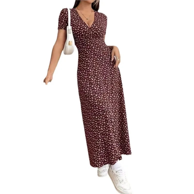 Elegant Women's Fashionable Small Floral V-neck Mid Length Dress Spring And Summer Women's Printed Short Sleeved Casual Dresses