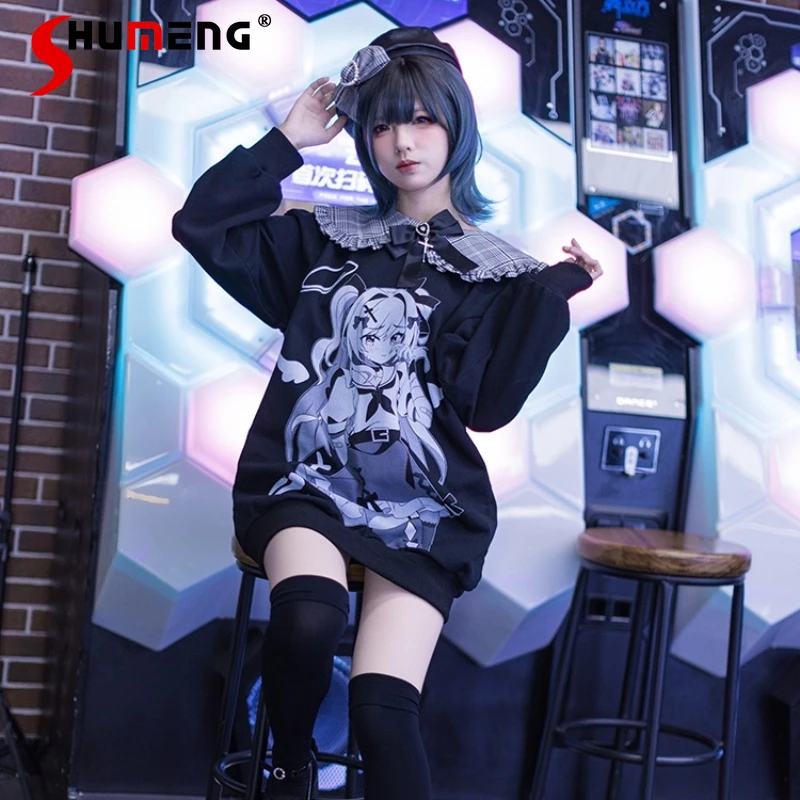 

Japanese Rojita Original Mine Sweatshirts Pure Cotton Sub-Culture Two-Dimensional Black White Plaid Doll Collar Hoodies Pullover