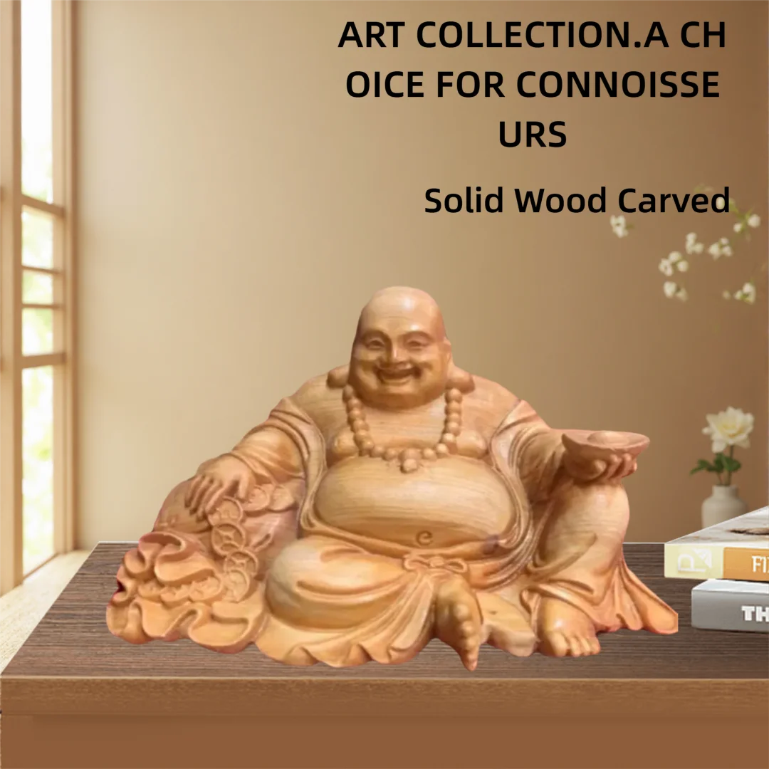 Natural Cypress Laughing Buddha Chinese Traditional Wood Carving God of Wealth Statue for Home OfficeWealth Luck Feng Shui Decor