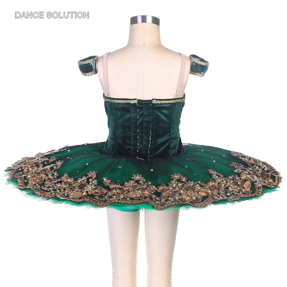 Green Velvet Bodice Ballet Pancake Tutu with Gold Trims Professional Ballet Costumes for Girls & Women Performance Dress B22099