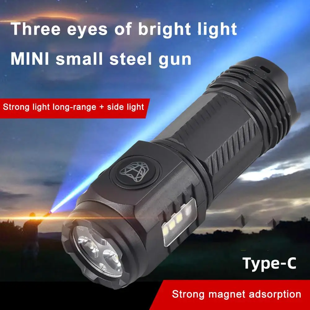 New Product Three-eye Bright Flashlight Charging With Pen Mini Portable Abs Light Strong Magnetic Side Clip N5L9