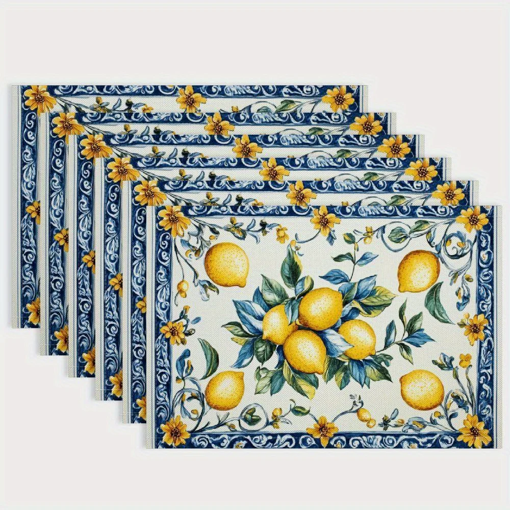 Italian Lemon Placemats - Vibrant Yellow Lemon Design on Blue & White,Durable,Machine Washable,Seasonal & Holiday Table Settings