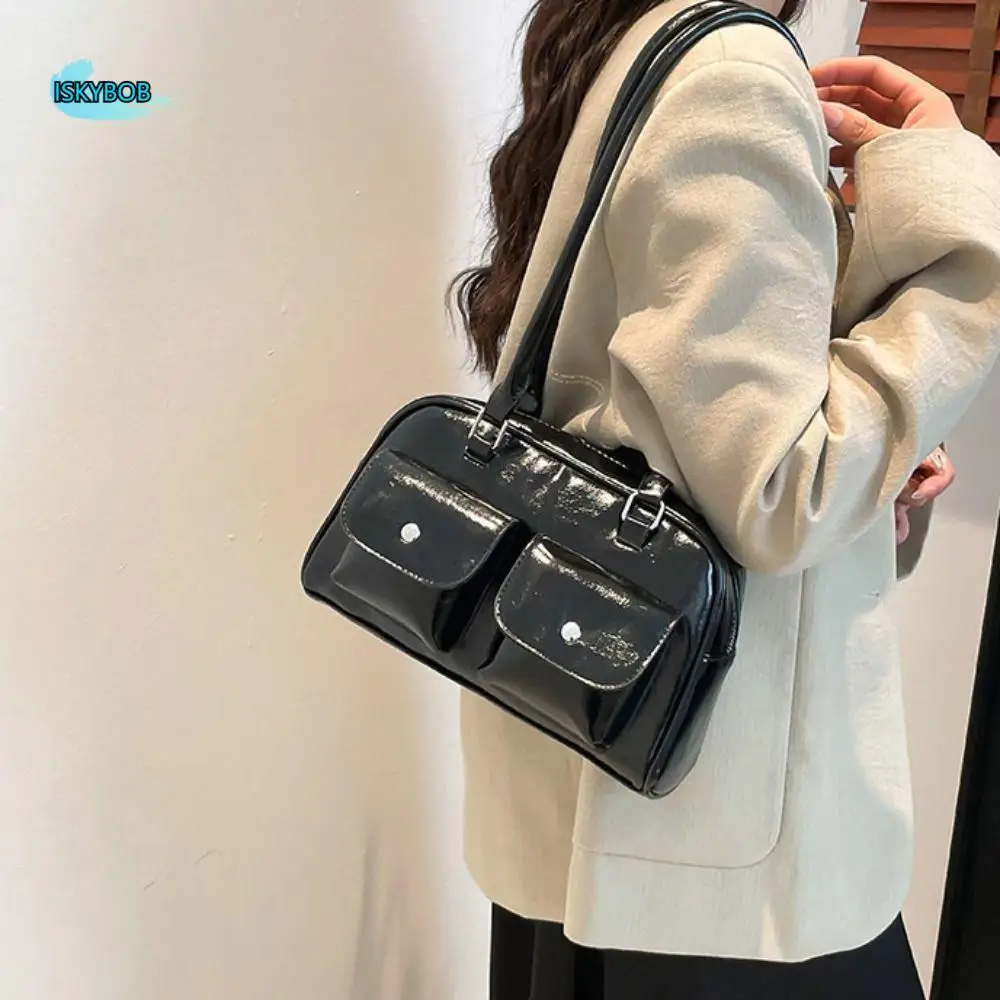 

Мини-сумка для боулинга из искусственной кожи в корейском стиле, сумка из лакированной кожи, карманная сумка-тоут Boston, дизайн меньшинства, однотонная сумка для подмышек, уличная сумка