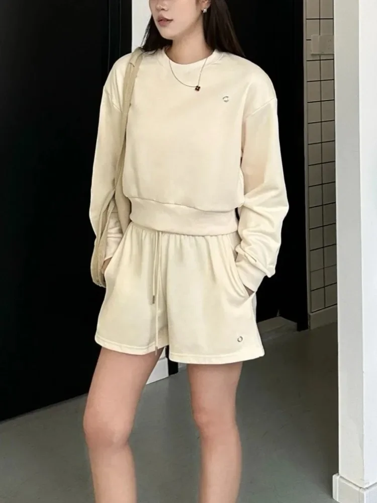 Cotton Oversize Sweatshirt Top and Shorts Casual Sports Beige Suit for Women Two Piece Set Summer Women's Tracksuit with Shorts