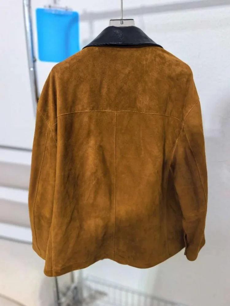 New Designer Women Zipper Sheepskin Loose Sreal Suede Leather Ladies Jacket Sleeve With Shoulder Outerwear Fashion Autumn Winter