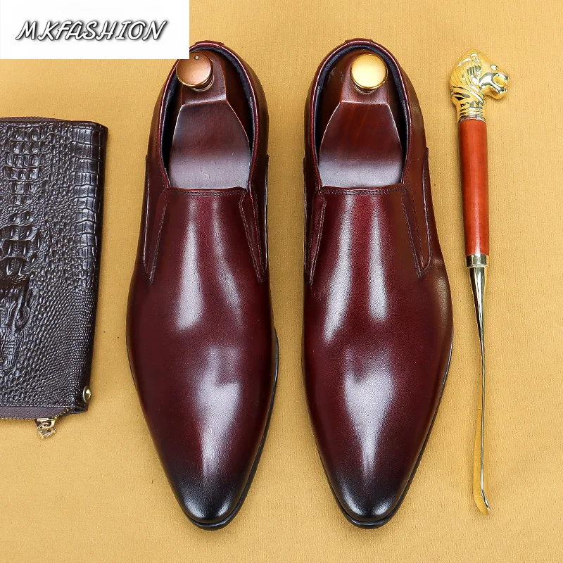 Men's Business Casual Shoes Genuine Leather Pointed Toe Slip On Flats Wedding Shoes Footwear