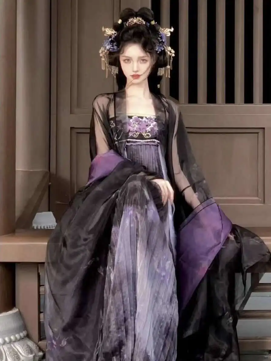 

New Black Mountain Tea Tang Dynasty Hanfu National Style Grand Ceremony Show Style Twin Mountain Tea Embroidery Large Sleeve