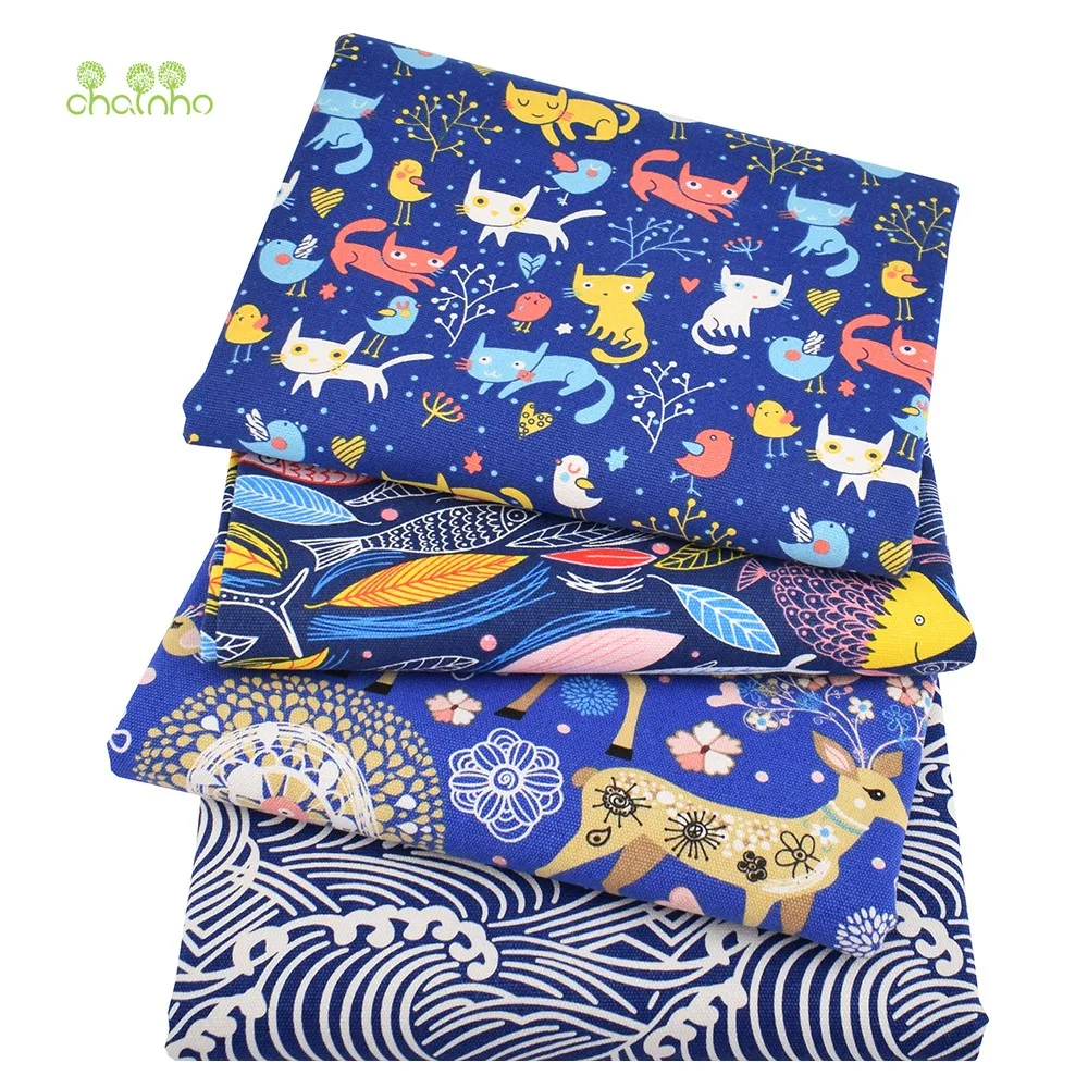 Chainho,Cotton Canvas Fabric,Handmade Sewing & Quilting Cloth,Blue Cartoon Series,Sofa,Curtain,Bag,Cushion Material,3 Size,CF07