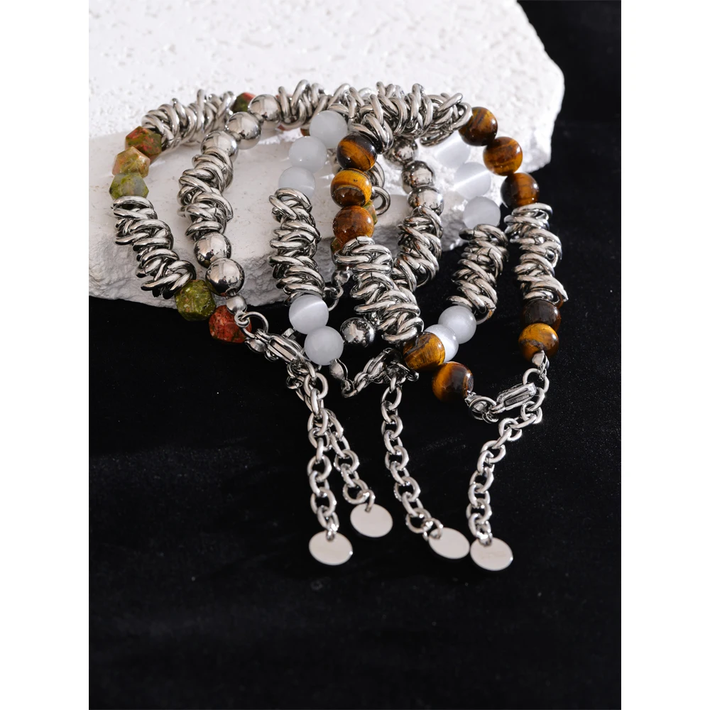 Yhpup 18+6cm Fashion Handmade Jewelry Silver Color Stainless Steel Natural Tiger Stone Chain Men Bracelet Bangle Waterproof